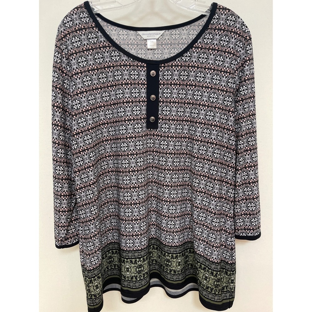 Christopher & Banks Petite XL Henley Top Geometric Tile Print 3/4 Sleeve Black